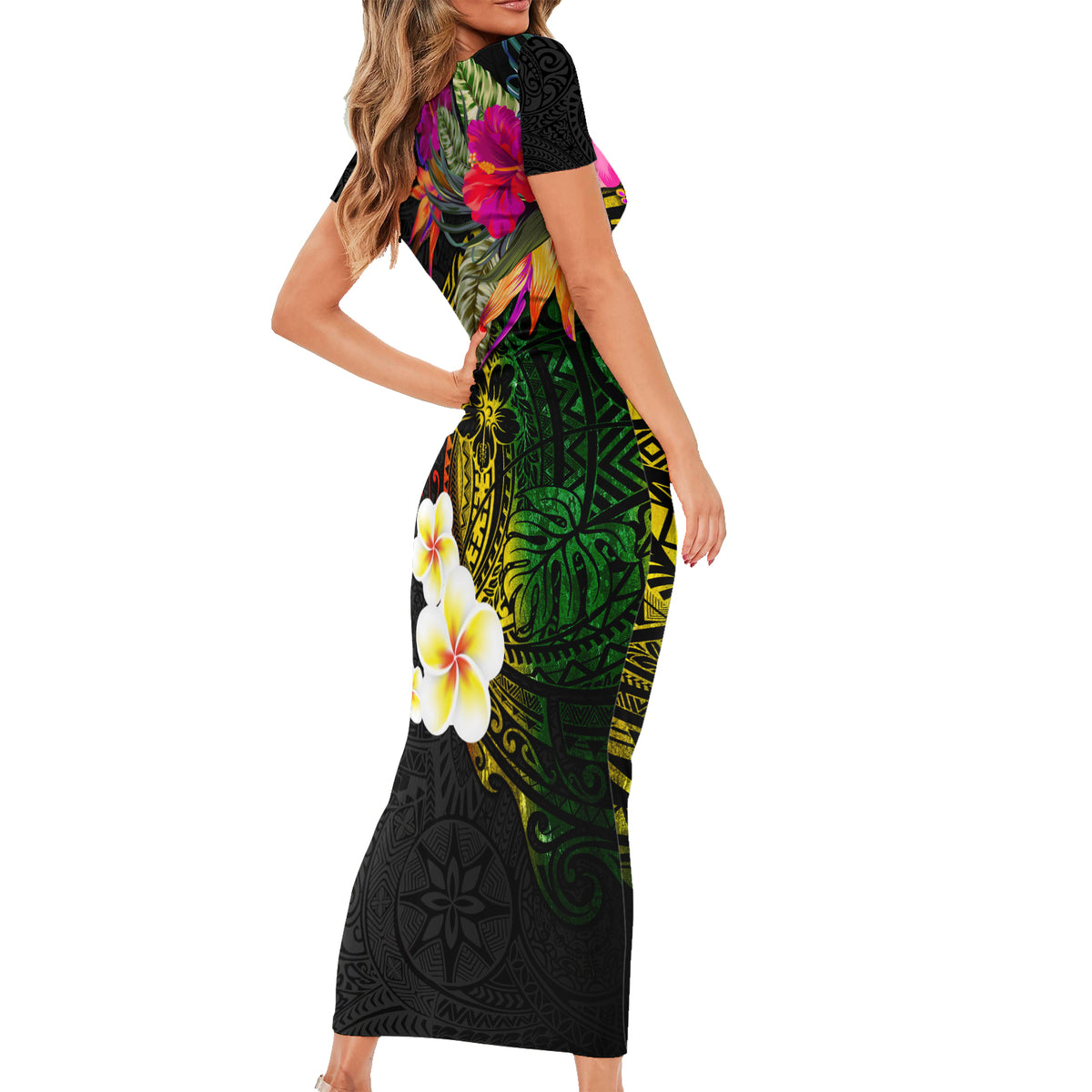 Hawaii Plumeria Family Matching Short Sleeve Bodycon Dress and Hawaiian Shirt Polynesian Tattoo and Hibiscus