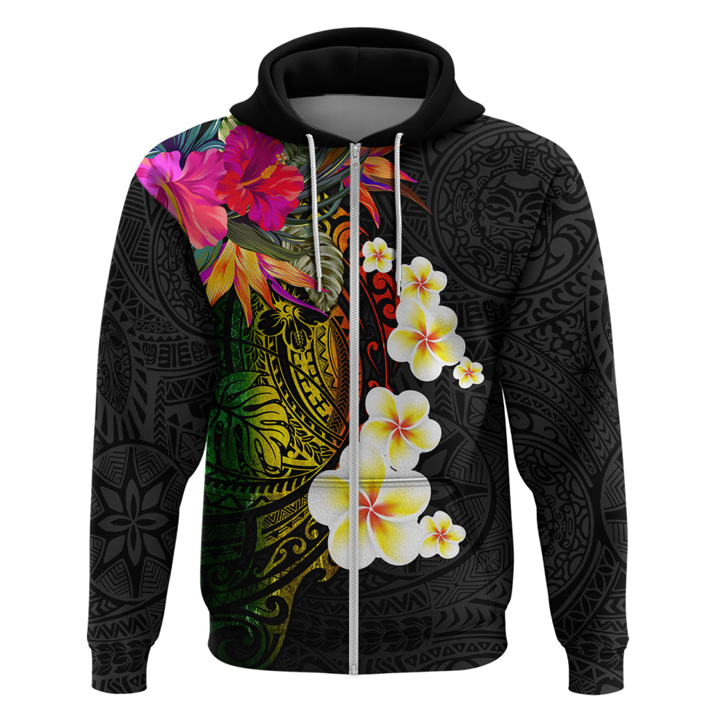 Hawaii Plumeria Hoodie Polynesian Tattoo and Hibiscus LT03 Zip Hoodie Black - Polynesian Pride