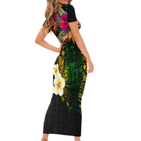 Hawaii Plumeria Short Sleeve Bodycon Dress Polynesian Tattoo and Hibiscus
