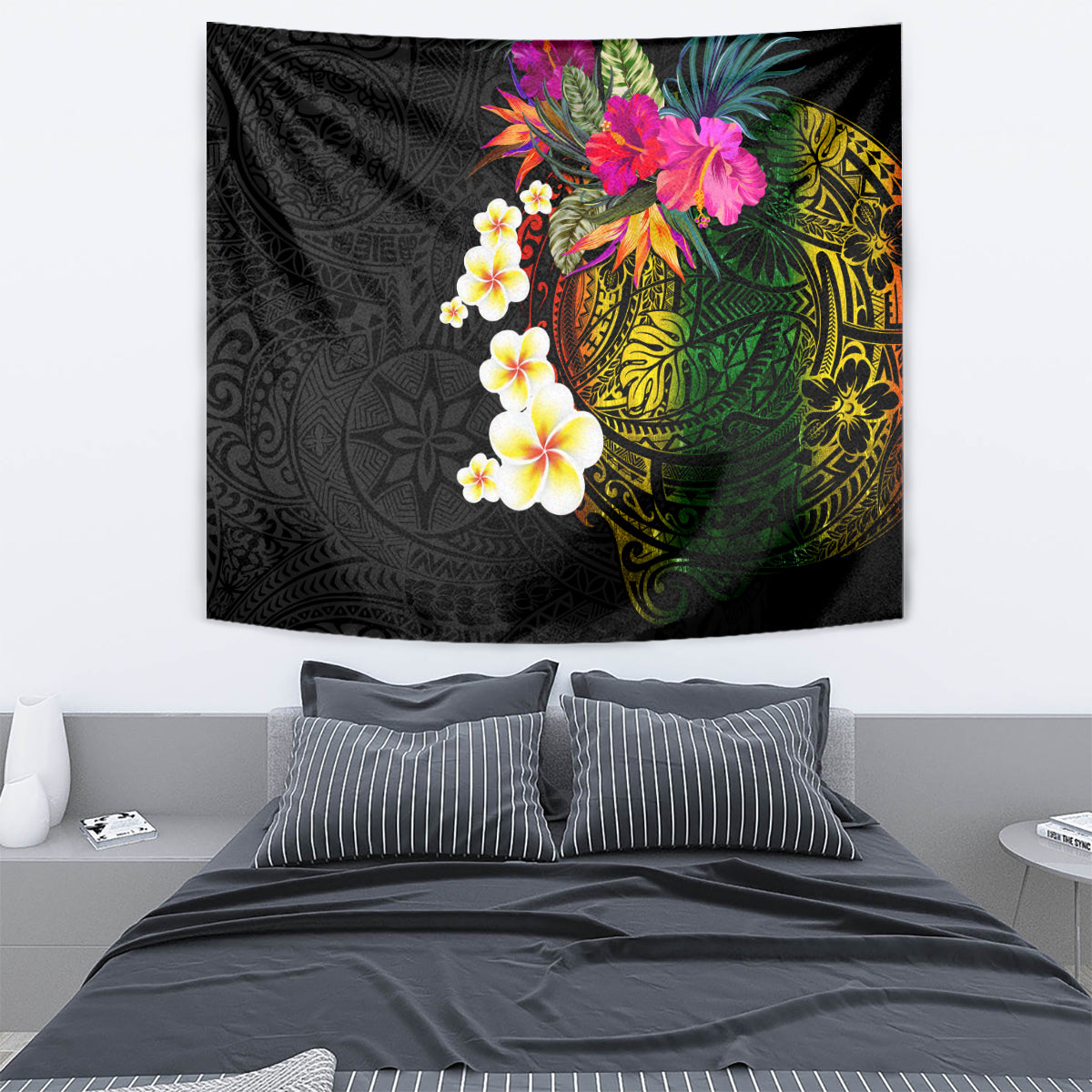 Hawaii Plumeria Tapestry Polynesian Tattoo and Hibiscus