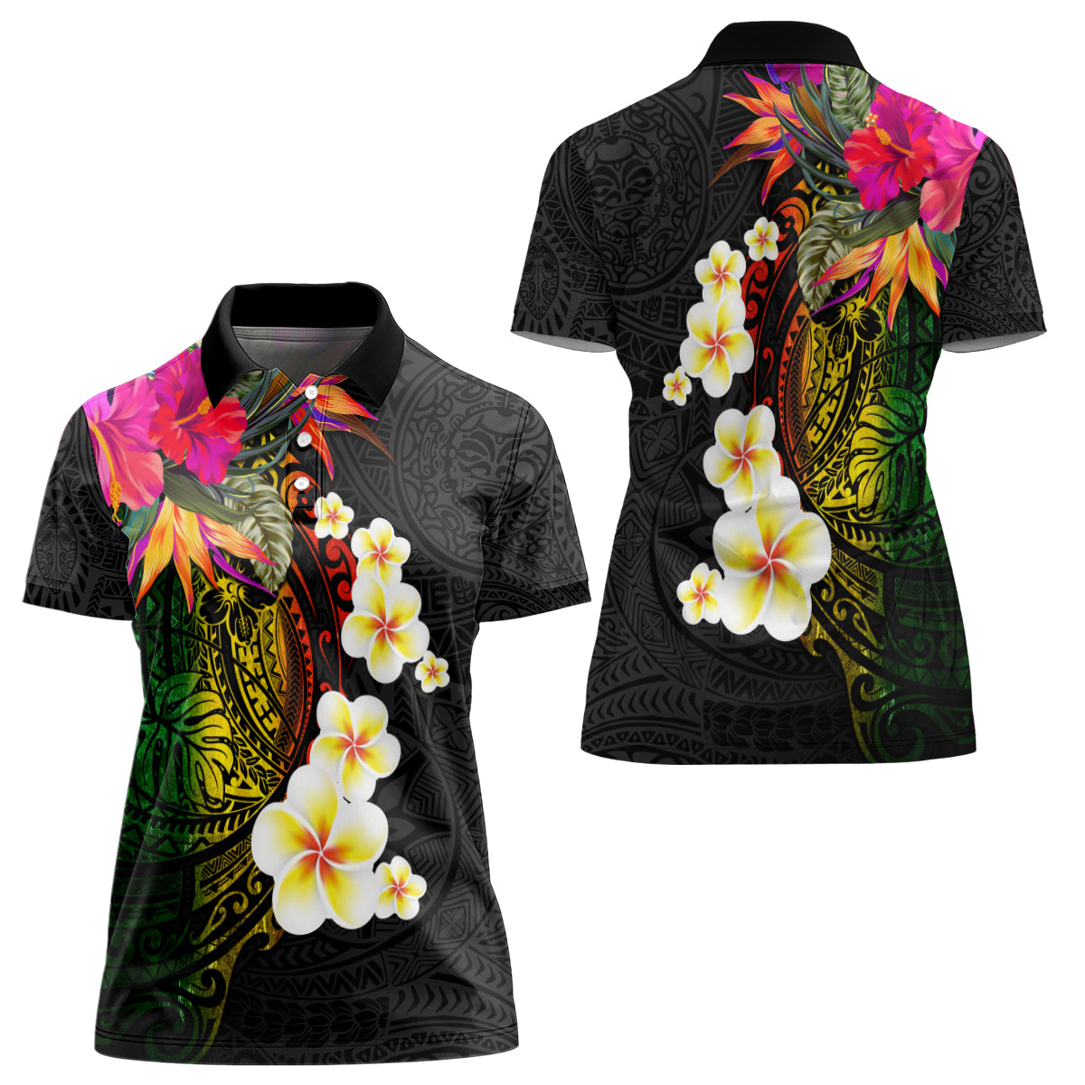Hawaii Plumeria Women Polo Shirt Polynesian Tattoo and Hibiscus