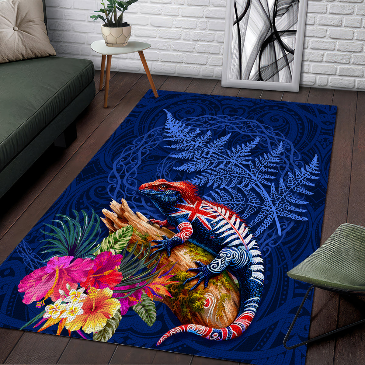 New Zealand Tuatara Area Rug Silver Fern Hibiscus and Tribal Maori Pattern Blue Color LT03 Blue - Polynesian Pride