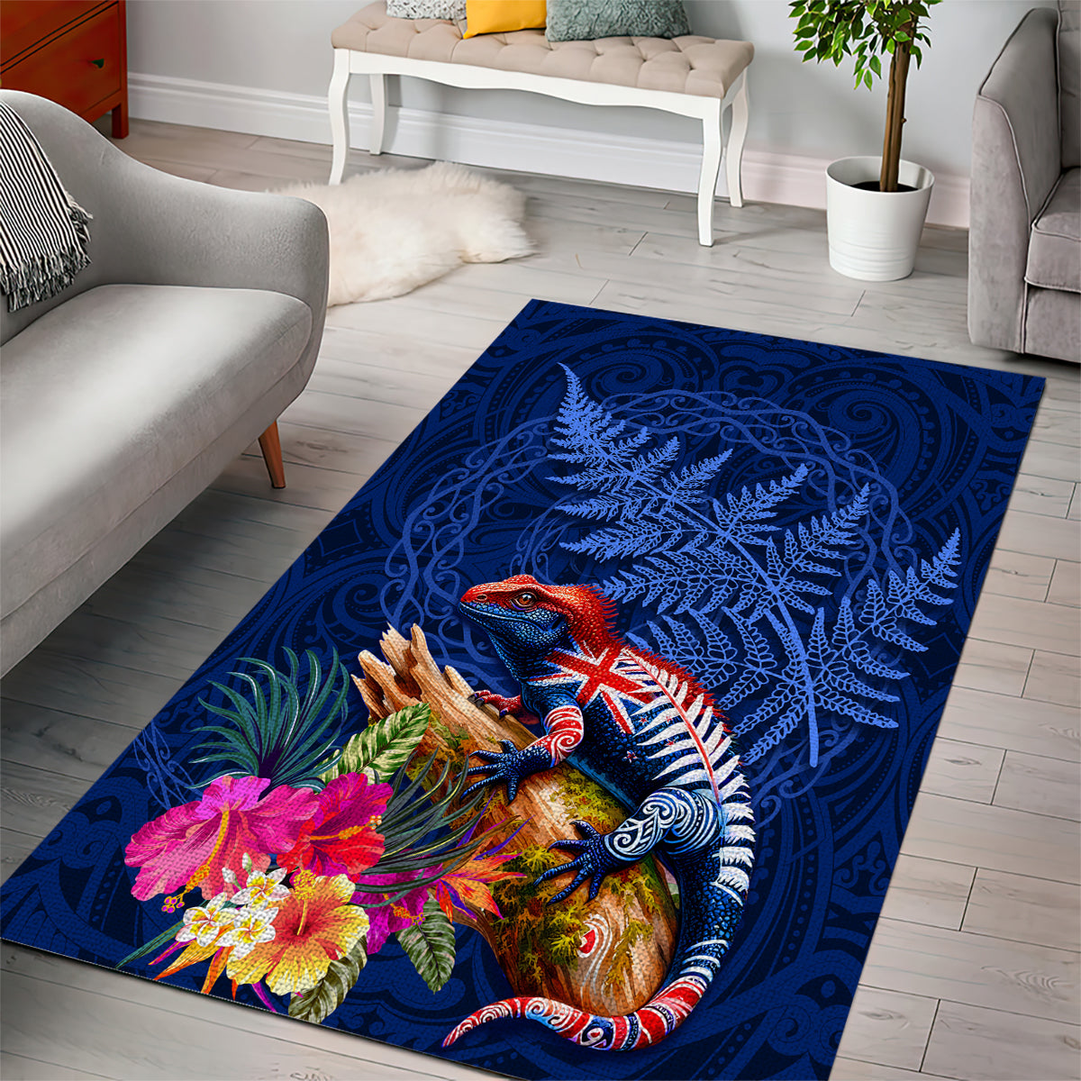 New Zealand Tuatara Area Rug Silver Fern Hibiscus and Tribal Maori Pattern Blue Color LT03 - Polynesian Pride