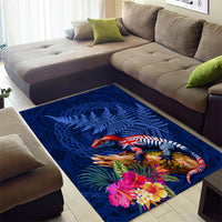 New Zealand Tuatara Area Rug Silver Fern Hibiscus and Tribal Maori Pattern Blue Color LT03 - Polynesian Pride