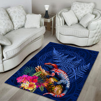 New Zealand Tuatara Area Rug Silver Fern Hibiscus and Tribal Maori Pattern Blue Color LT03 - Polynesian Pride