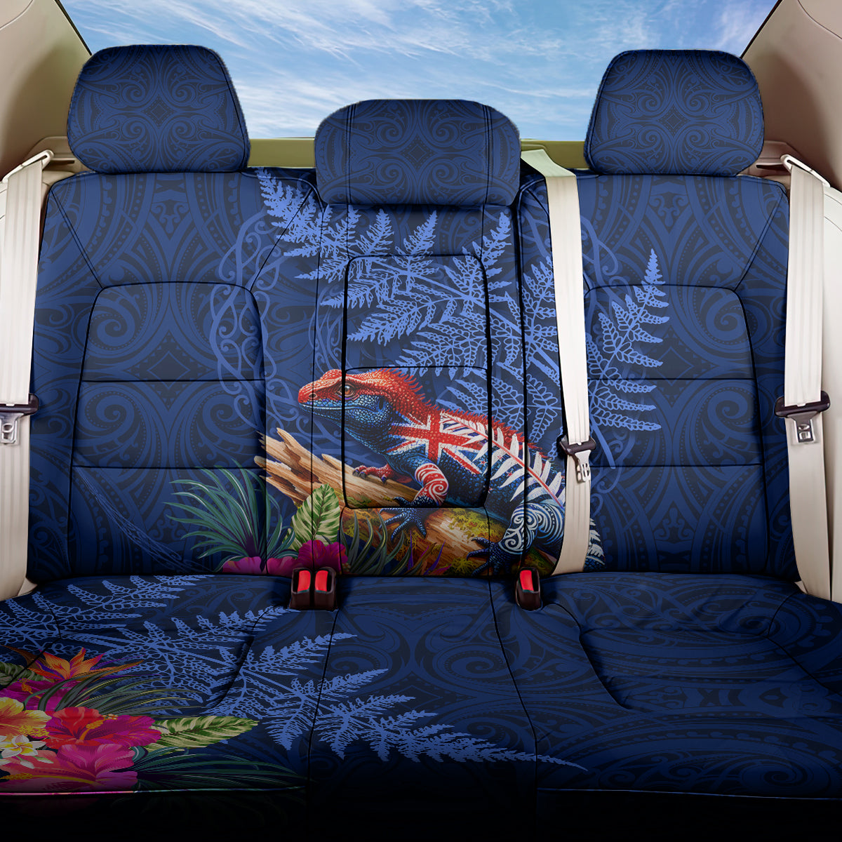 New Zealand Tuatara Back Car Seat Cover Silver Fern Hibiscus and Tribal Maori Pattern Blue Color LT03 One Size Blue - Polynesian Pride