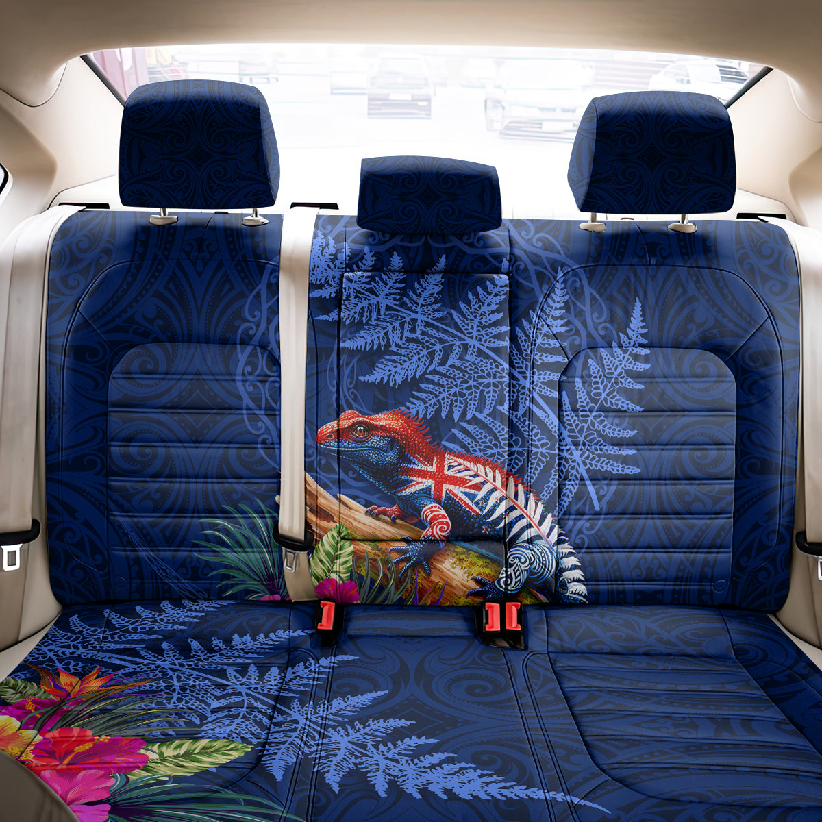 New Zealand Tuatara Back Car Seat Cover Silver Fern Hibiscus and Tribal Maori Pattern Blue Color LT03 - Polynesian Pride