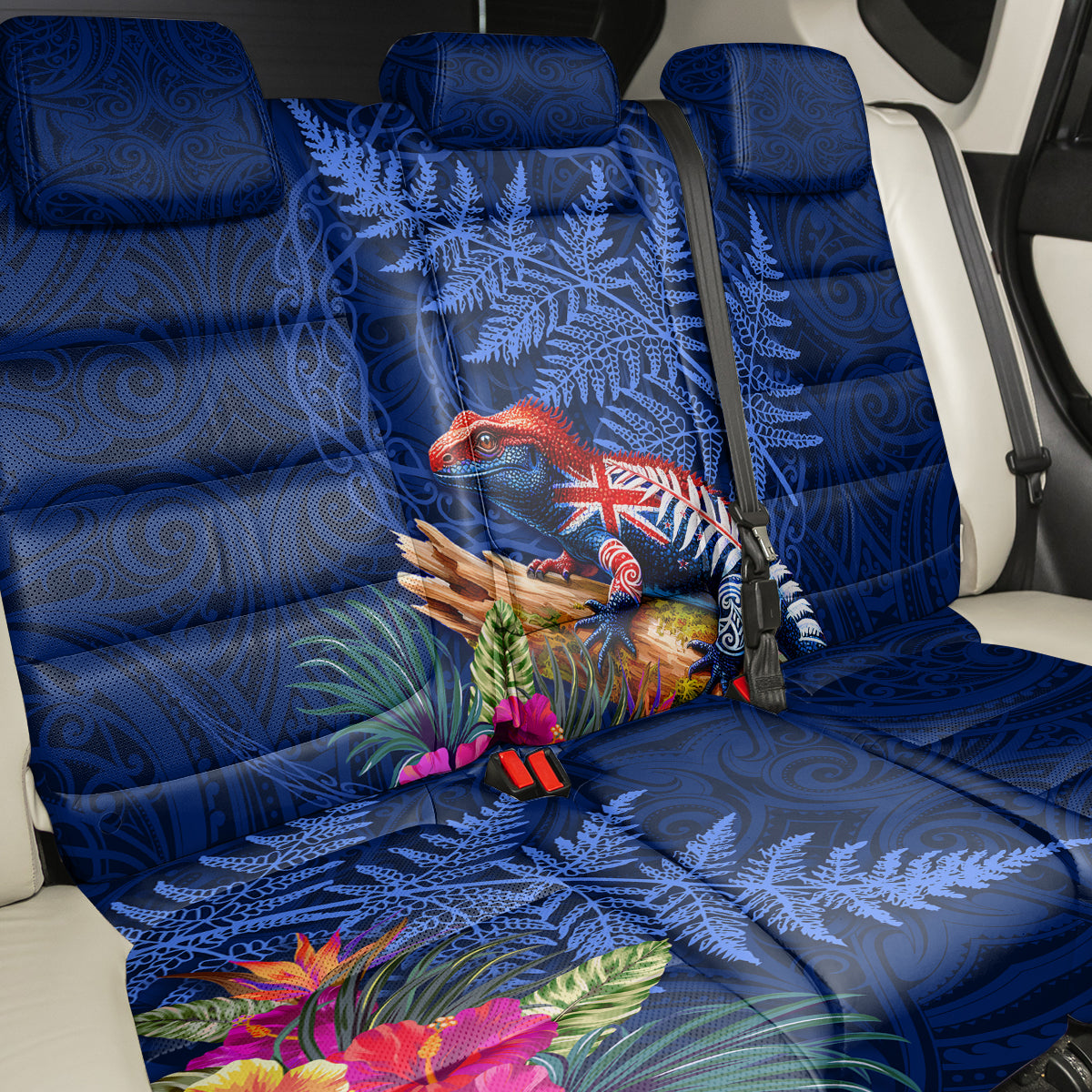 New Zealand Tuatara Back Car Seat Cover Silver Fern Hibiscus and Tribal Maori Pattern Blue Color LT03 - Polynesian Pride