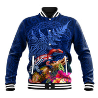 New Zealand Tuatara Baseball Jacket Silver Fern Hibiscus and Tribal Maori Pattern Blue Color LT03 Unisex Blue - Polynesian Pride