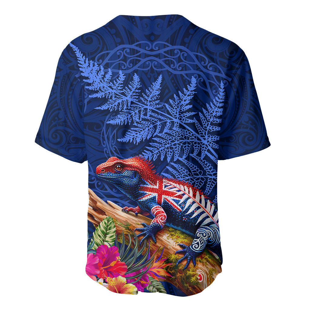New Zealand Tuatara Baseball Jersey Silver Fern Hibiscus and Tribal Maori Pattern Blue Color LT03 - Polynesian Pride