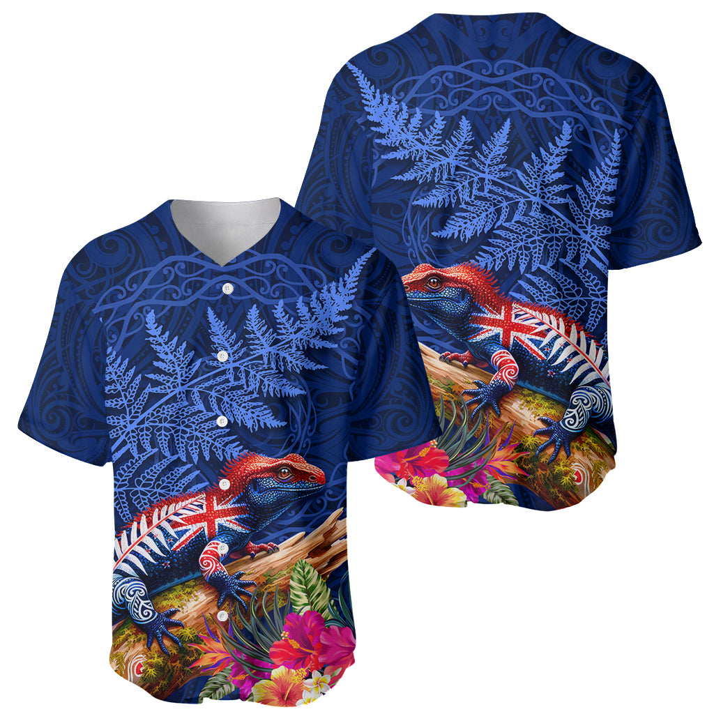 New Zealand Tuatara Baseball Jersey Silver Fern Hibiscus and Tribal Maori Pattern Blue Color LT03 - Polynesian Pride