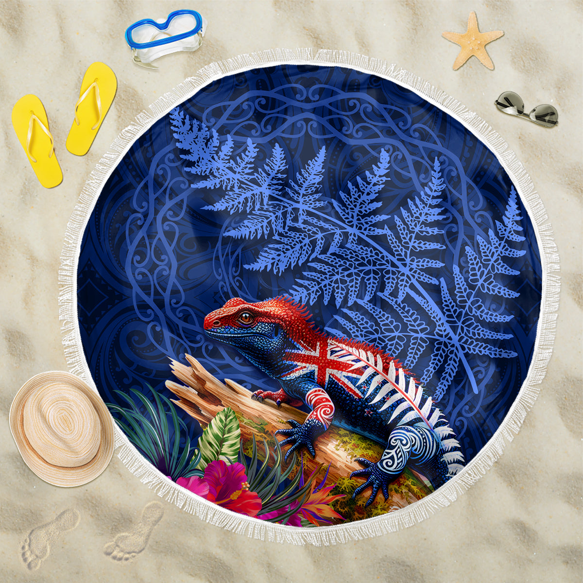 New Zealand Tuatara Beach Blanket Silver Fern Hibiscus and Tribal Maori Pattern Blue Color LT03 One Size 150cm Blue - Polynesian Pride