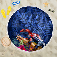 New Zealand Tuatara Beach Blanket Silver Fern Hibiscus and Tribal Maori Pattern Blue Color LT03 One Size 150cm Blue - Polynesian Pride