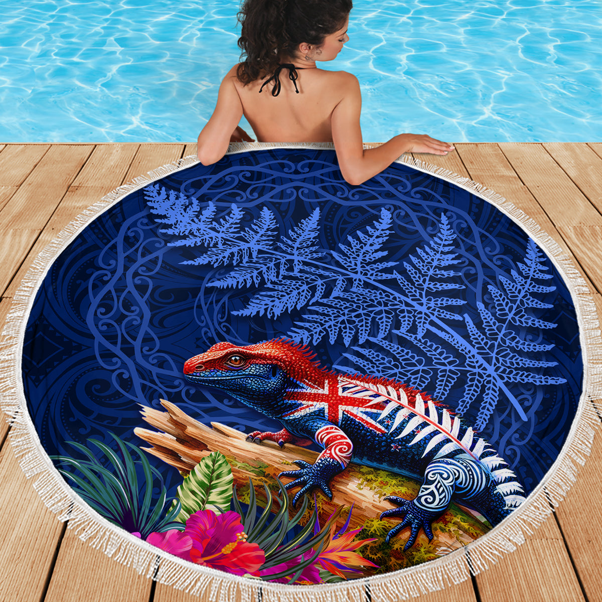 New Zealand Tuatara Beach Blanket Silver Fern Hibiscus and Tribal Maori Pattern Blue Color LT03 - Polynesian Pride