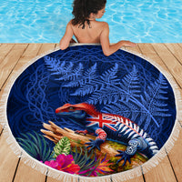 New Zealand Tuatara Beach Blanket Silver Fern Hibiscus and Tribal Maori Pattern Blue Color LT03 - Polynesian Pride