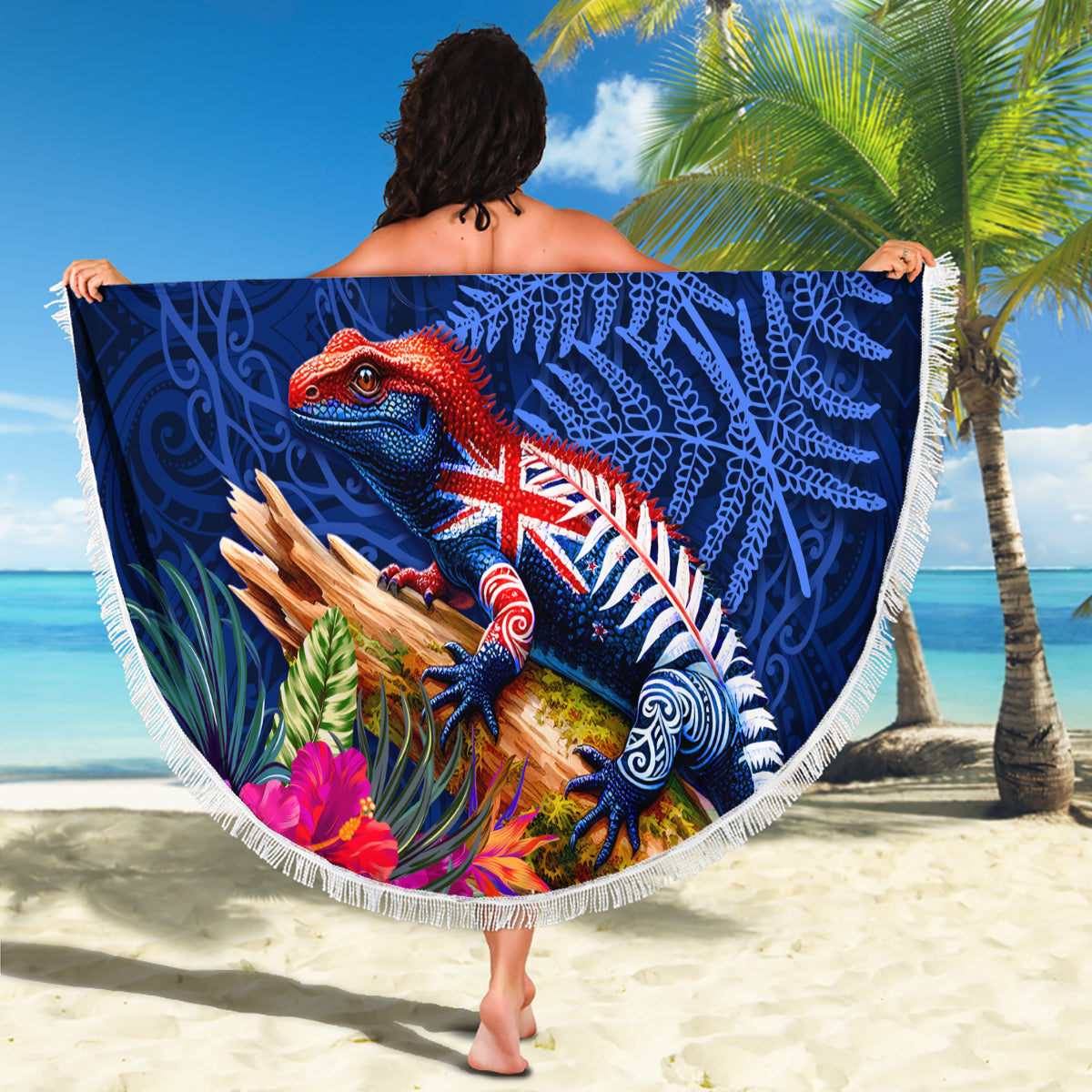 New Zealand Tuatara Beach Blanket Silver Fern Hibiscus and Tribal Maori Pattern Blue Color LT03 - Polynesian Pride