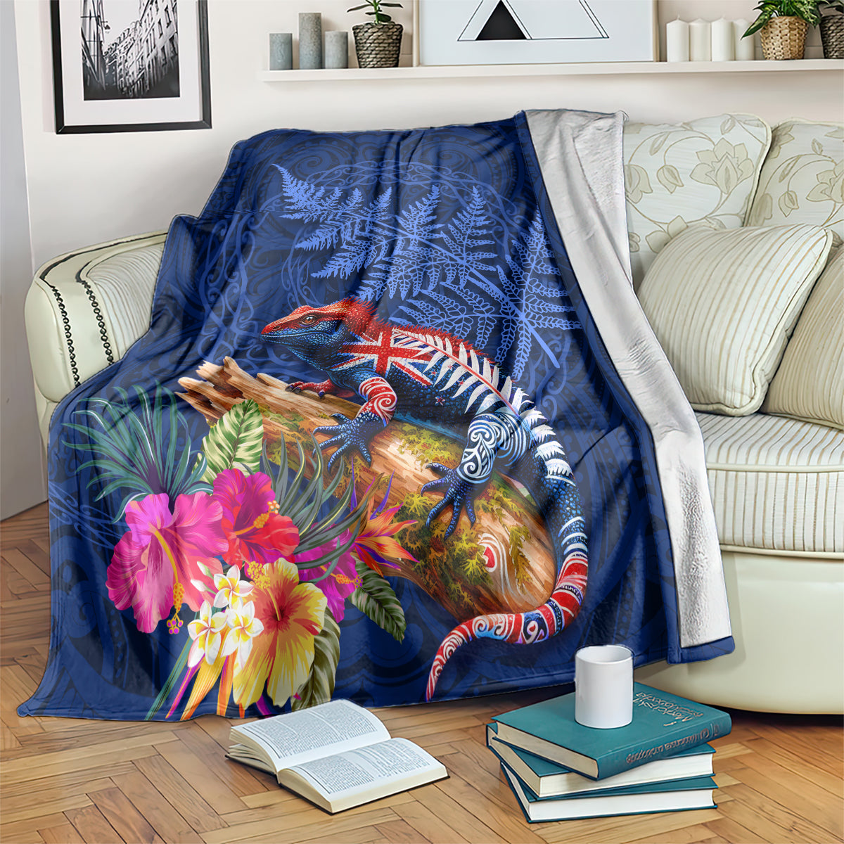 New Zealand Tuatara Blanket Silver Fern Hibiscus and Tribal Maori Pattern Blue Color LT03 Blue - Polynesian Pride