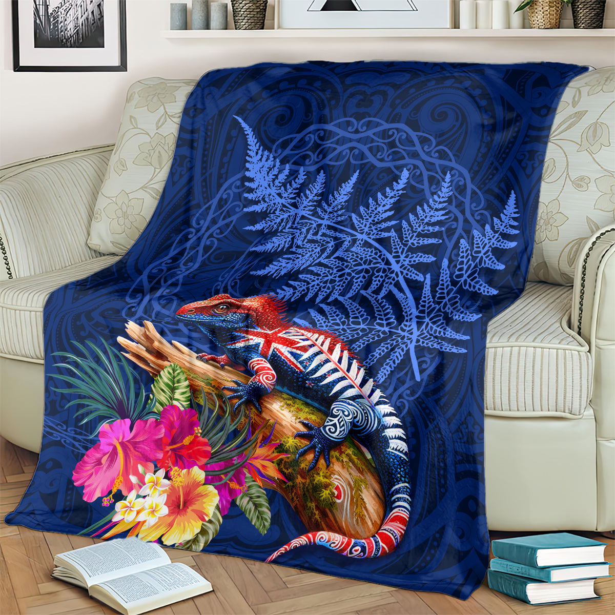 New Zealand Tuatara Blanket Silver Fern Hibiscus and Tribal Maori Pattern Blue Color LT03 - Polynesian Pride