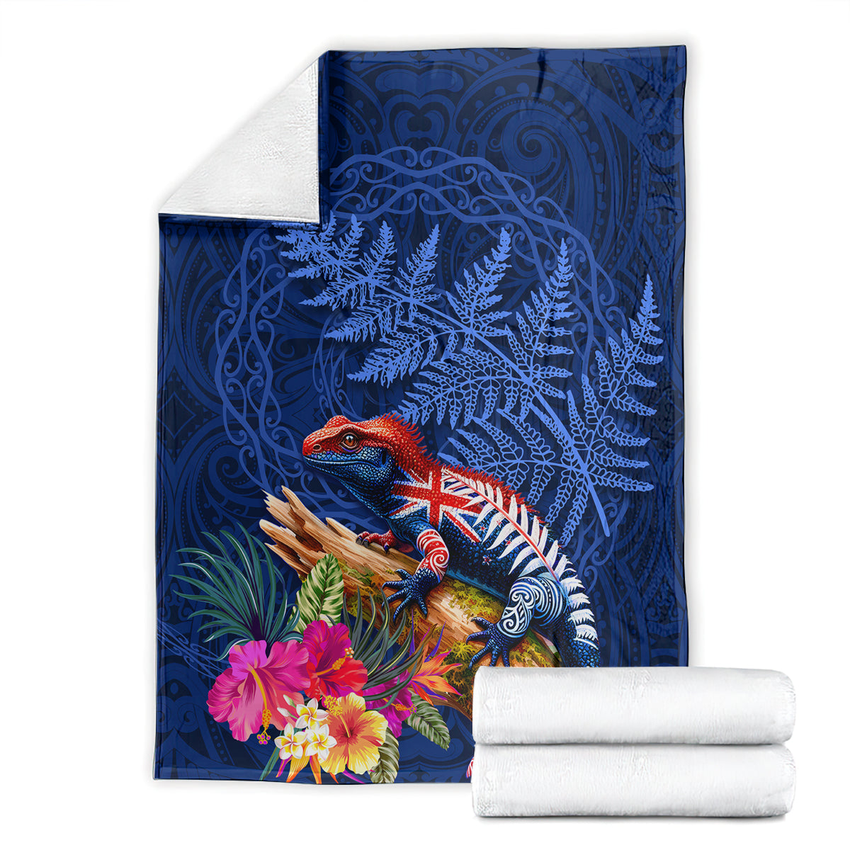 New Zealand Tuatara Blanket Silver Fern Hibiscus and Tribal Maori Pattern Blue Color LT03 - Polynesian Pride