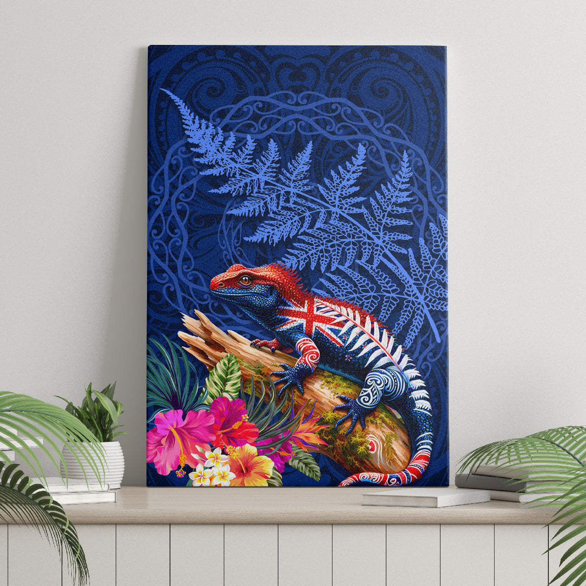 New Zealand Tuatara Canvas Wall Art Silver Fern Hibiscus and Tribal Maori Pattern Blue Color LT03 - Polynesian Pride