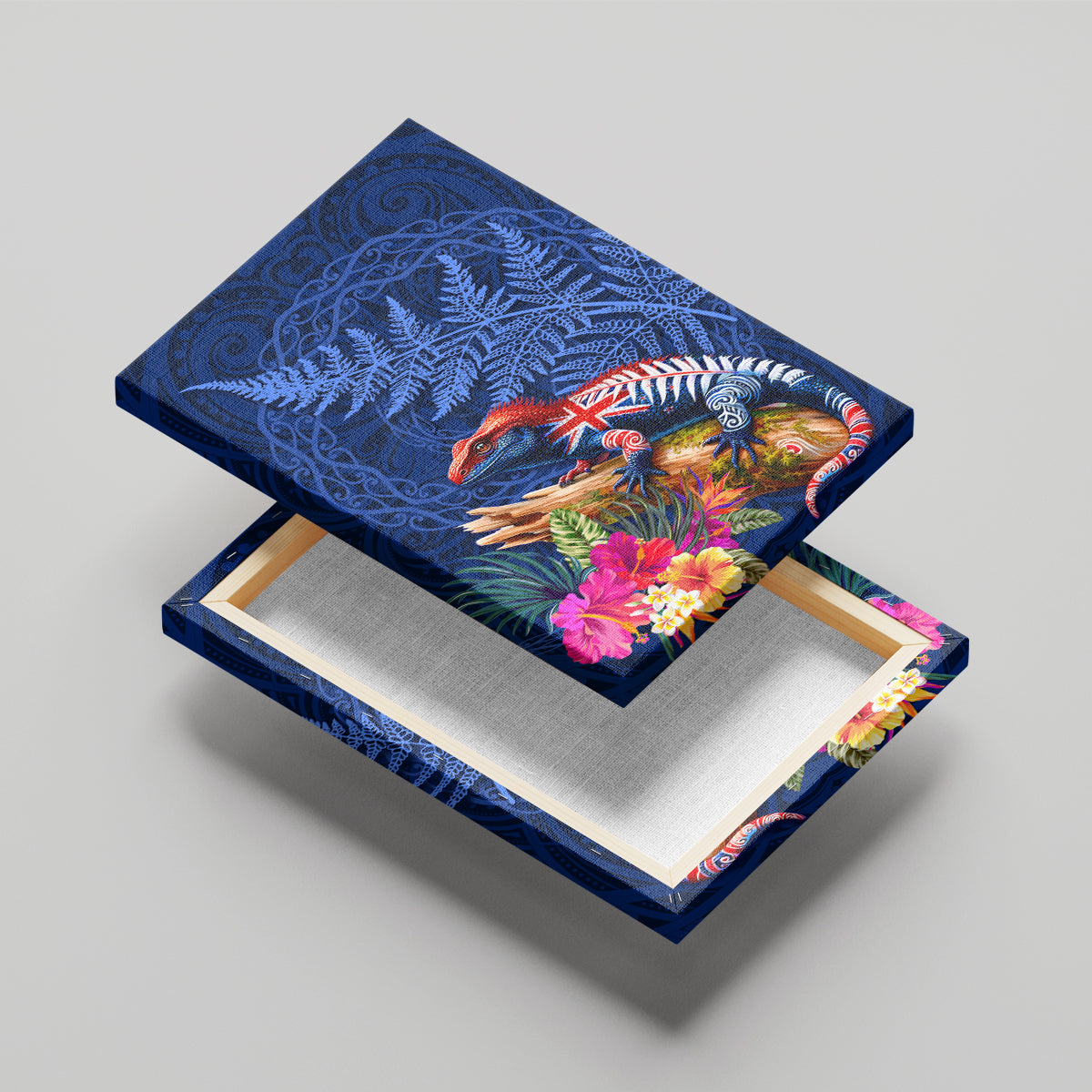 New Zealand Tuatara Canvas Wall Art Silver Fern Hibiscus and Tribal Maori Pattern Blue Color LT03 - Polynesian Pride