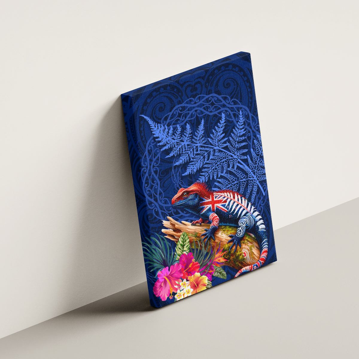 New Zealand Tuatara Canvas Wall Art Silver Fern Hibiscus and Tribal Maori Pattern Blue Color LT03 - Polynesian Pride
