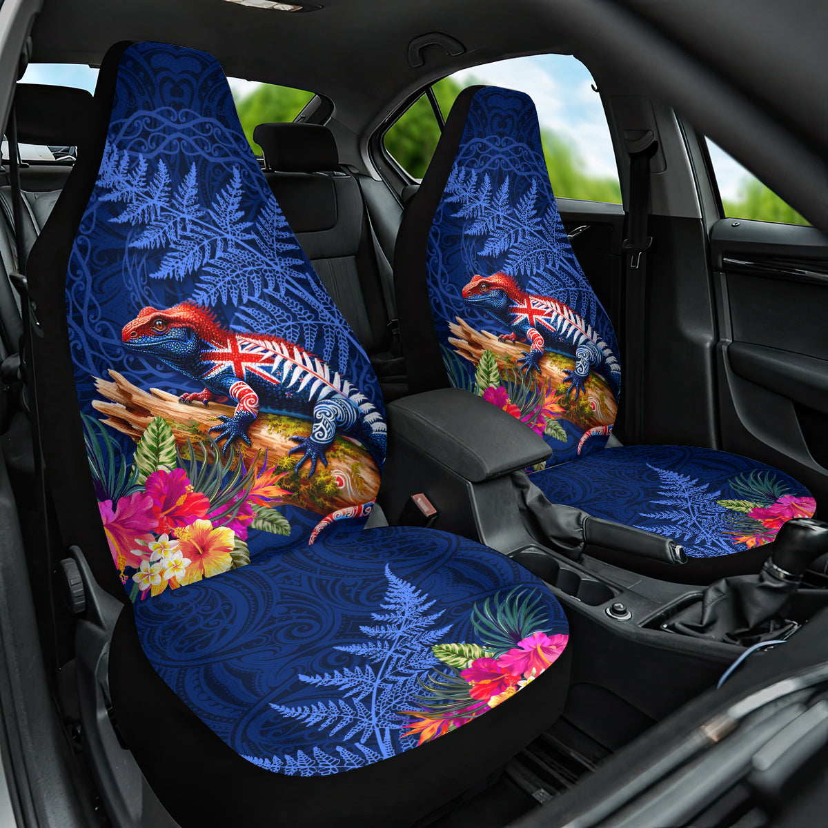 New Zealand Tuatara Car Seat Cover Silver Fern Hibiscus and Tribal Maori Pattern Blue Color LT03 One Size Blue - Polynesian Pride