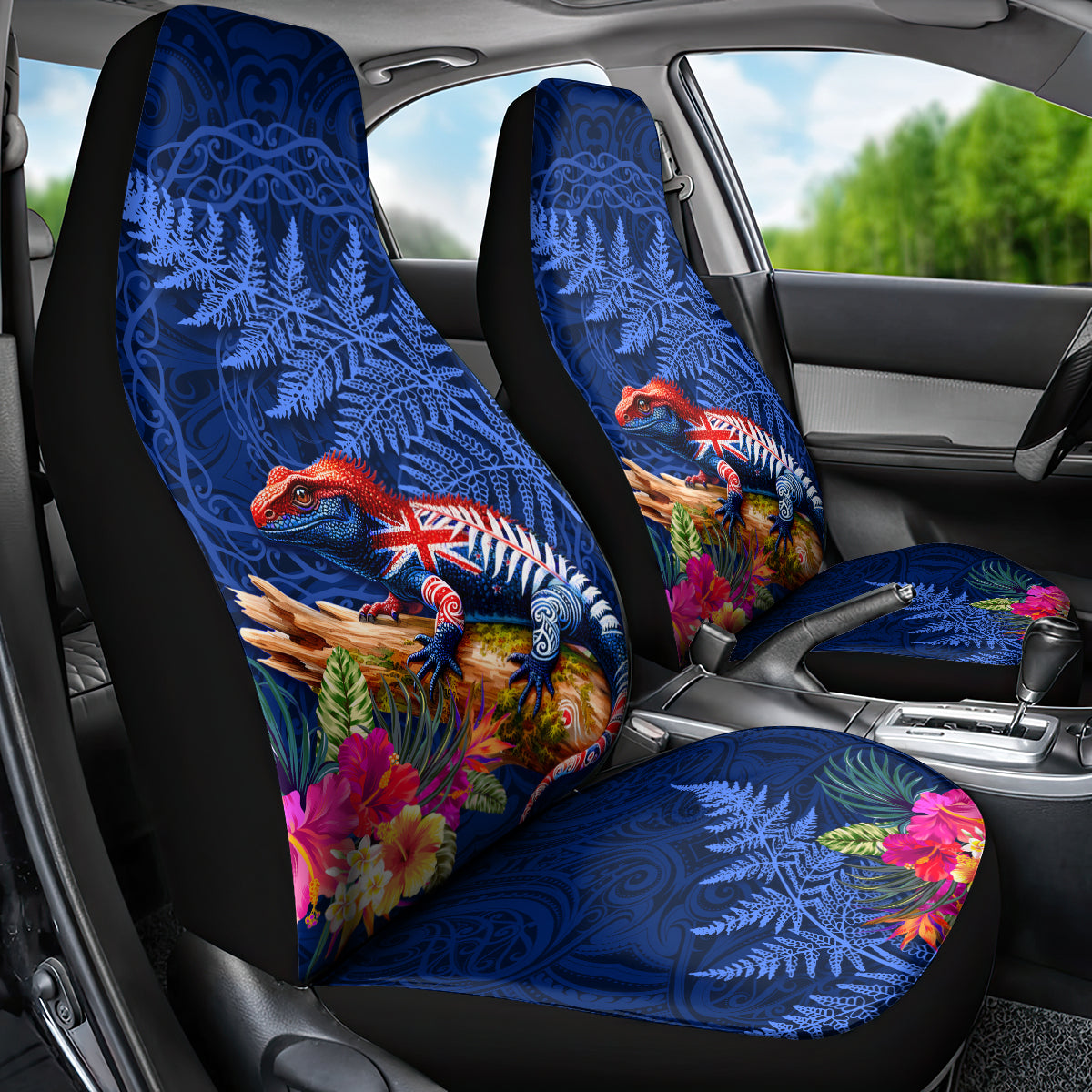 New Zealand Tuatara Car Seat Cover Silver Fern Hibiscus and Tribal Maori Pattern Blue Color LT03 - Polynesian Pride