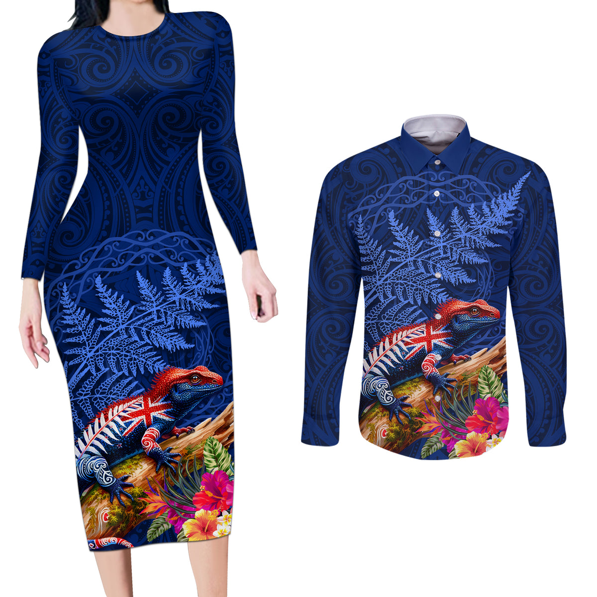 New Zealand Tuatara Couples Matching Long Sleeve Bodycon Dress and Long Sleeve Button Shirt Silver Fern Hibiscus and Tribal Maori Pattern Blue Color LT03 Blue - Polynesian Pride