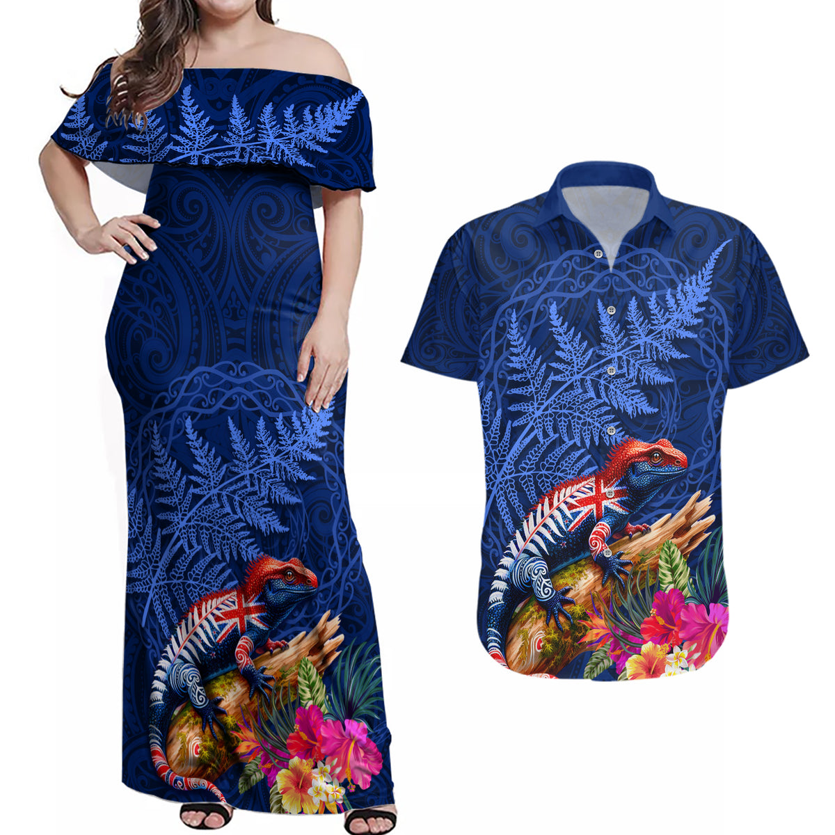 New Zealand Tuatara Couples Matching Off Shoulder Maxi Dress and Hawaiian Shirt Silver Fern Hibiscus and Tribal Maori Pattern Blue Color LT03 Blue - Polynesian Pride