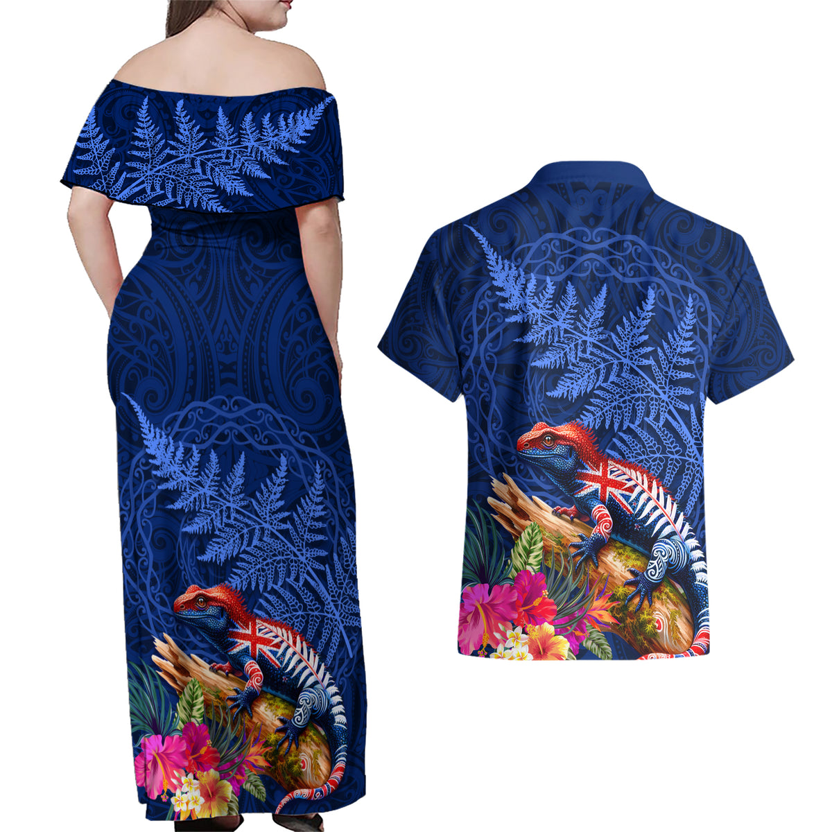 New Zealand Tuatara Couples Matching Off Shoulder Maxi Dress and Hawaiian Shirt Silver Fern Hibiscus and Tribal Maori Pattern Blue Color LT03 - Polynesian Pride