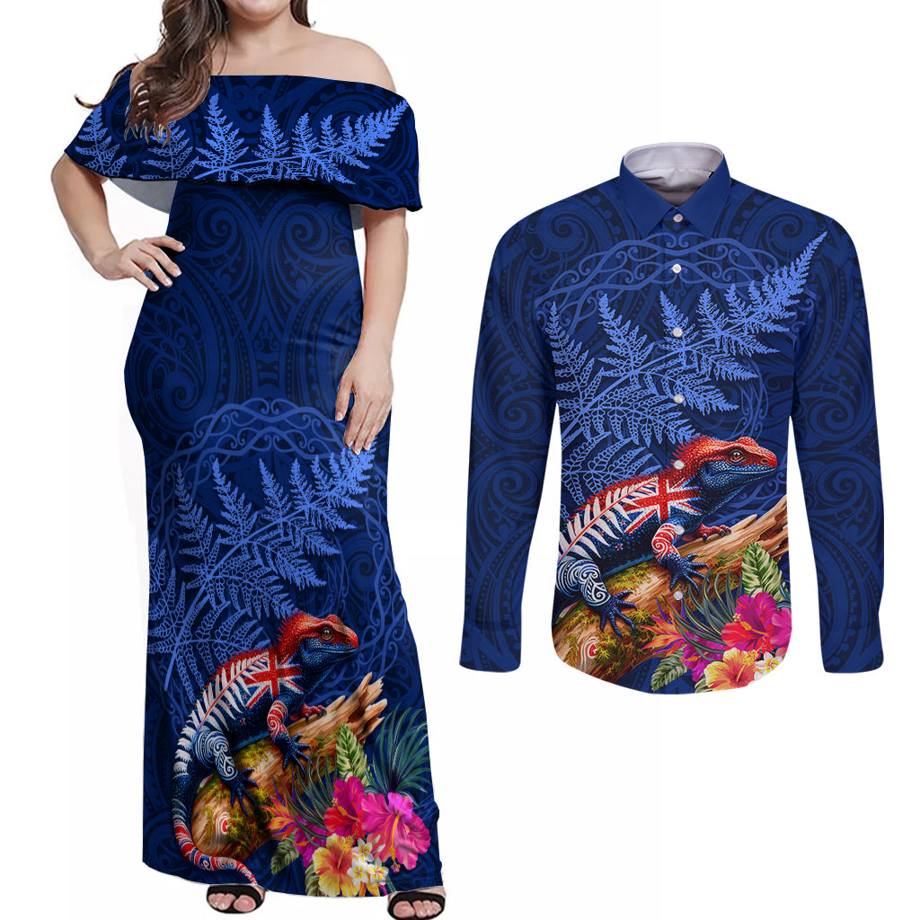 New Zealand Tuatara Couples Matching Off Shoulder Maxi Dress and Long Sleeve Button Shirt Silver Fern Hibiscus and Tribal Maori Pattern Blue Color LT03 Blue - Polynesian Pride