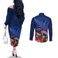New Zealand Tuatara Couples Matching Off The Shoulder Long Sleeve Dress and Long Sleeve Button Shirt Silver Fern Hibiscus and Tribal Maori Pattern Blue Color LT03 - Polynesian Pride