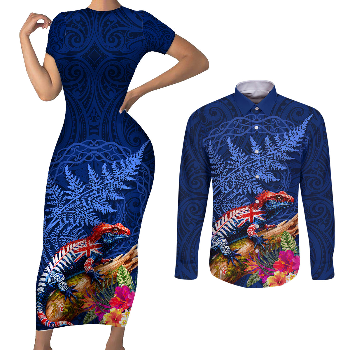 New Zealand Tuatara Couples Matching Short Sleeve Bodycon Dress and Long Sleeve Button Shirt Silver Fern Hibiscus and Tribal Maori Pattern Blue Color LT03 Blue - Polynesian Pride