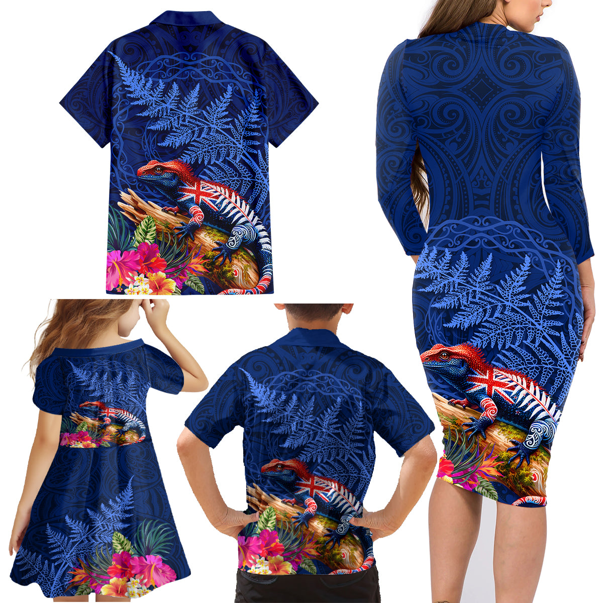 New Zealand Tuatara Family Matching Long Sleeve Bodycon Dress and Hawaiian Shirt Silver Fern Hibiscus and Tribal Maori Pattern Blue Color LT03 - Polynesian Pride