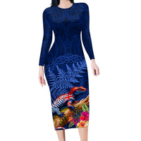 New Zealand Tuatara Family Matching Long Sleeve Bodycon Dress and Hawaiian Shirt Silver Fern Hibiscus and Tribal Maori Pattern Blue Color LT03 Mom's Dress Blue - Polynesian Pride