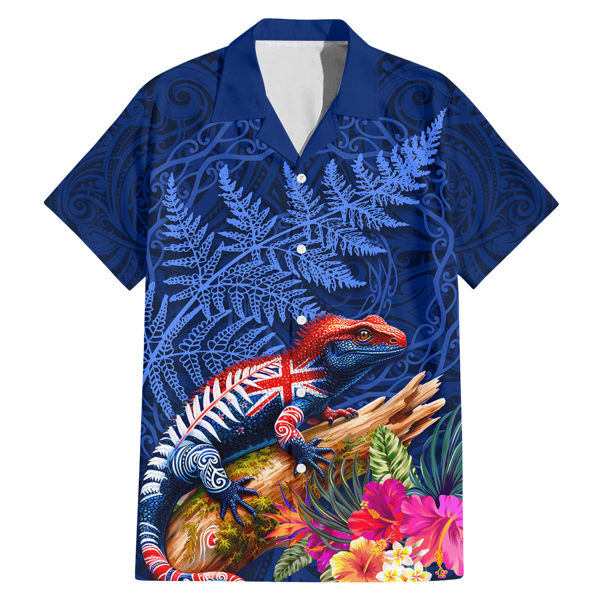 New Zealand Tuatara Family Matching Mermaid Dress and Hawaiian Shirt Silver Fern Hibiscus and Tribal Maori Pattern Blue Color LT03 Dad's Shirt - Short Sleeve Blue - Polynesian Pride
