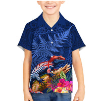 New Zealand Tuatara Family Matching Mermaid Dress and Hawaiian Shirt Silver Fern Hibiscus and Tribal Maori Pattern Blue Color LT03 Son's Shirt Blue - Polynesian Pride