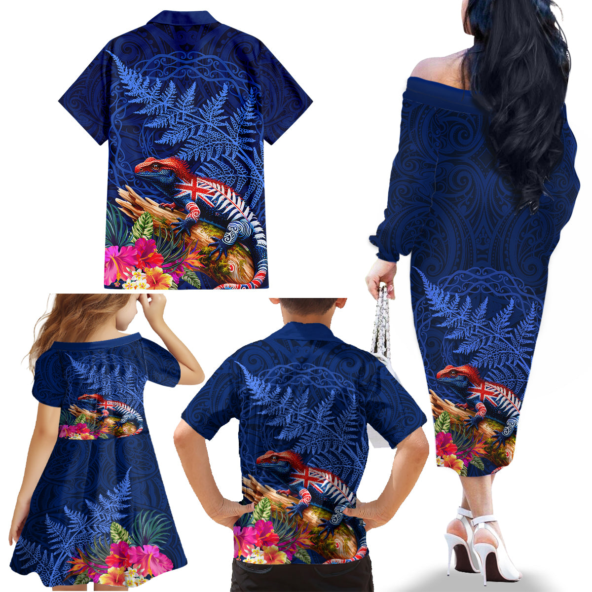 New Zealand Tuatara Family Matching Off The Shoulder Long Sleeve Dress and Hawaiian Shirt Silver Fern Hibiscus and Tribal Maori Pattern Blue Color LT03 - Polynesian Pride
