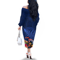 New Zealand Tuatara Family Matching Off The Shoulder Long Sleeve Dress and Hawaiian Shirt Silver Fern Hibiscus and Tribal Maori Pattern Blue Color LT03 - Polynesian Pride