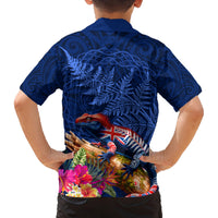 New Zealand Tuatara Family Matching Off Shoulder Maxi Dress and Hawaiian Shirt Silver Fern Hibiscus and Tribal Maori Pattern Blue Color LT03 - Polynesian Pride