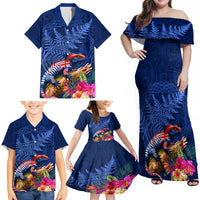 New Zealand Tuatara Family Matching Off Shoulder Maxi Dress and Hawaiian Shirt Silver Fern Hibiscus and Tribal Maori Pattern Blue Color LT03 - Polynesian Pride