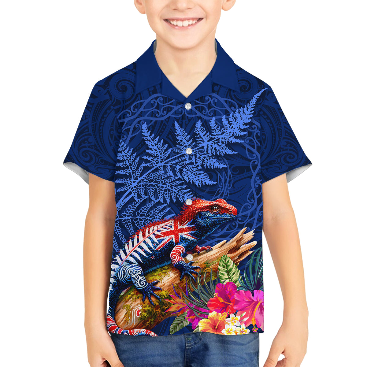 New Zealand Tuatara Family Matching Off Shoulder Maxi Dress and Hawaiian Shirt Silver Fern Hibiscus and Tribal Maori Pattern Blue Color LT03 Son's Shirt Blue - Polynesian Pride