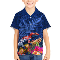 New Zealand Tuatara Family Matching Off Shoulder Maxi Dress and Hawaiian Shirt Silver Fern Hibiscus and Tribal Maori Pattern Blue Color LT03 Son's Shirt Blue - Polynesian Pride