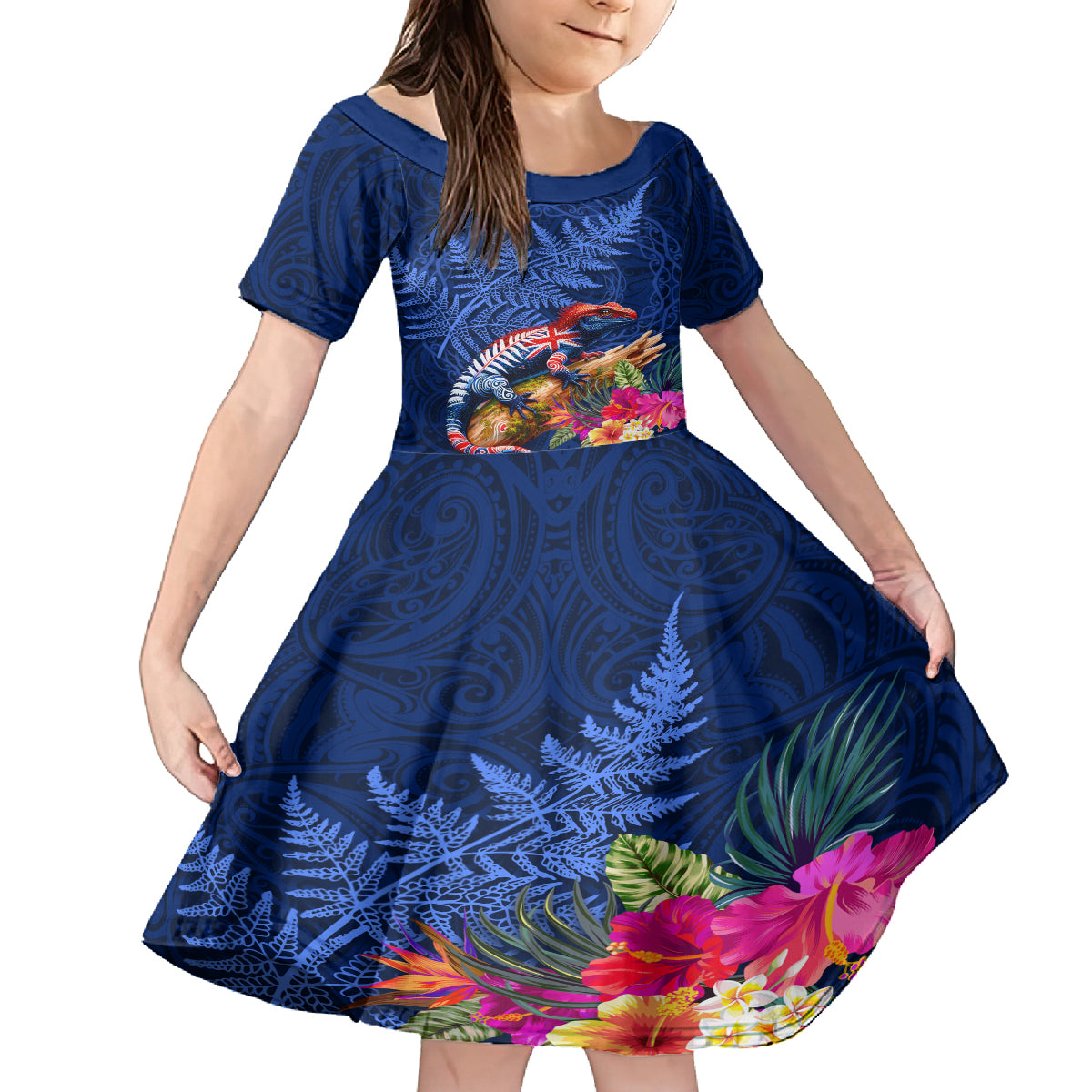 New Zealand Tuatara Family Matching Off Shoulder Short Dress and Hawaiian Shirt Silver Fern Hibiscus and Tribal Maori Pattern Blue Color LT03 Daughter's Dress Blue - Polynesian Pride