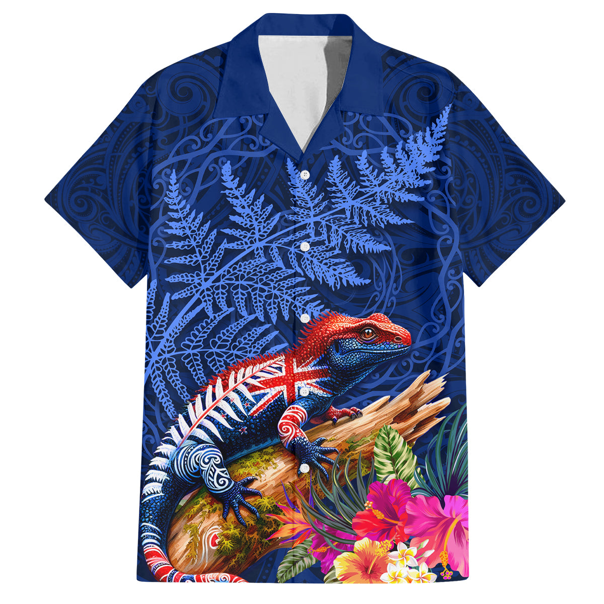 New Zealand Tuatara Family Matching Off Shoulder Short Dress and Hawaiian Shirt Silver Fern Hibiscus and Tribal Maori Pattern Blue Color LT03 Dad's Shirt - Short Sleeve Blue - Polynesian Pride