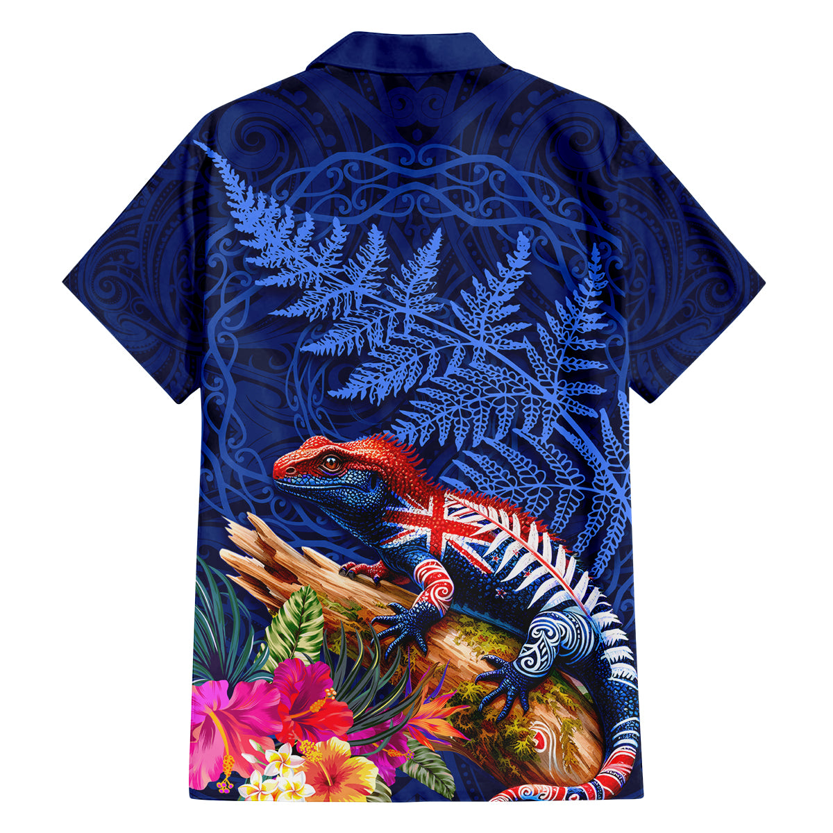 New Zealand Tuatara Family Matching Off Shoulder Short Dress and Hawaiian Shirt Silver Fern Hibiscus and Tribal Maori Pattern Blue Color LT03 - Polynesian Pride