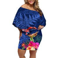 New Zealand Tuatara Family Matching Off Shoulder Short Dress and Hawaiian Shirt Silver Fern Hibiscus and Tribal Maori Pattern Blue Color LT03 Mom's Dress Blue - Polynesian Pride