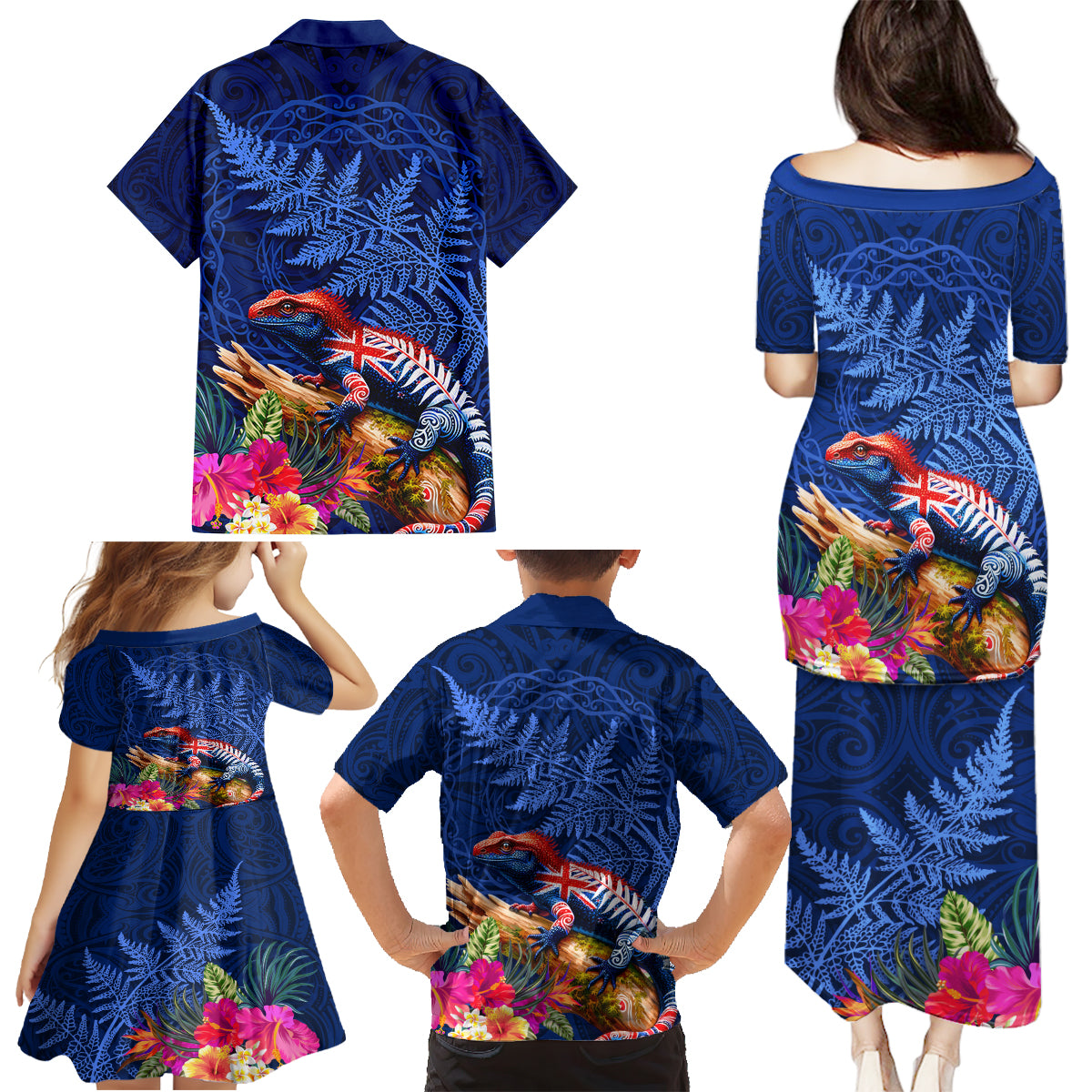 New Zealand Tuatara Family Matching Puletasi and Hawaiian Shirt Silver Fern Hibiscus and Tribal Maori Pattern Blue Color LT03 - Polynesian Pride