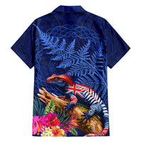 New Zealand Tuatara Family Matching Puletasi and Hawaiian Shirt Silver Fern Hibiscus and Tribal Maori Pattern Blue Color LT03 - Polynesian Pride